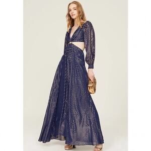 DELFI Collective Cerise Cutout Middle Blue Metallic Gold Dotted Gown Dress L